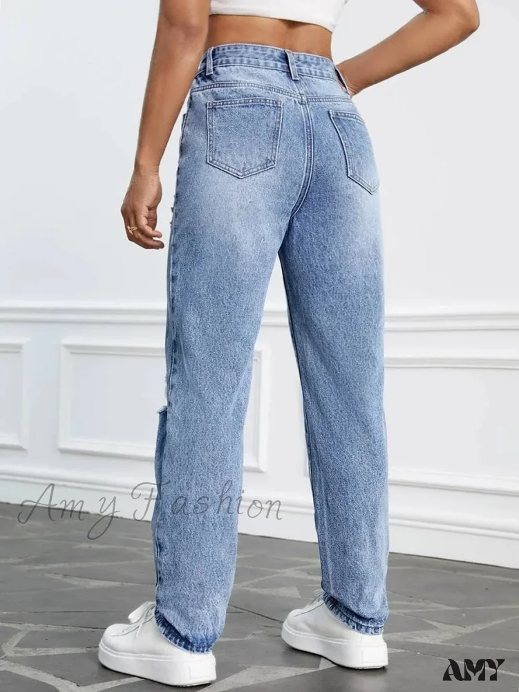 Amy Fashion - 2024 Women Casual Fashion High Streetwear Ripped Holes Denim Pants Female Vintage Trousers Jean - Image 3