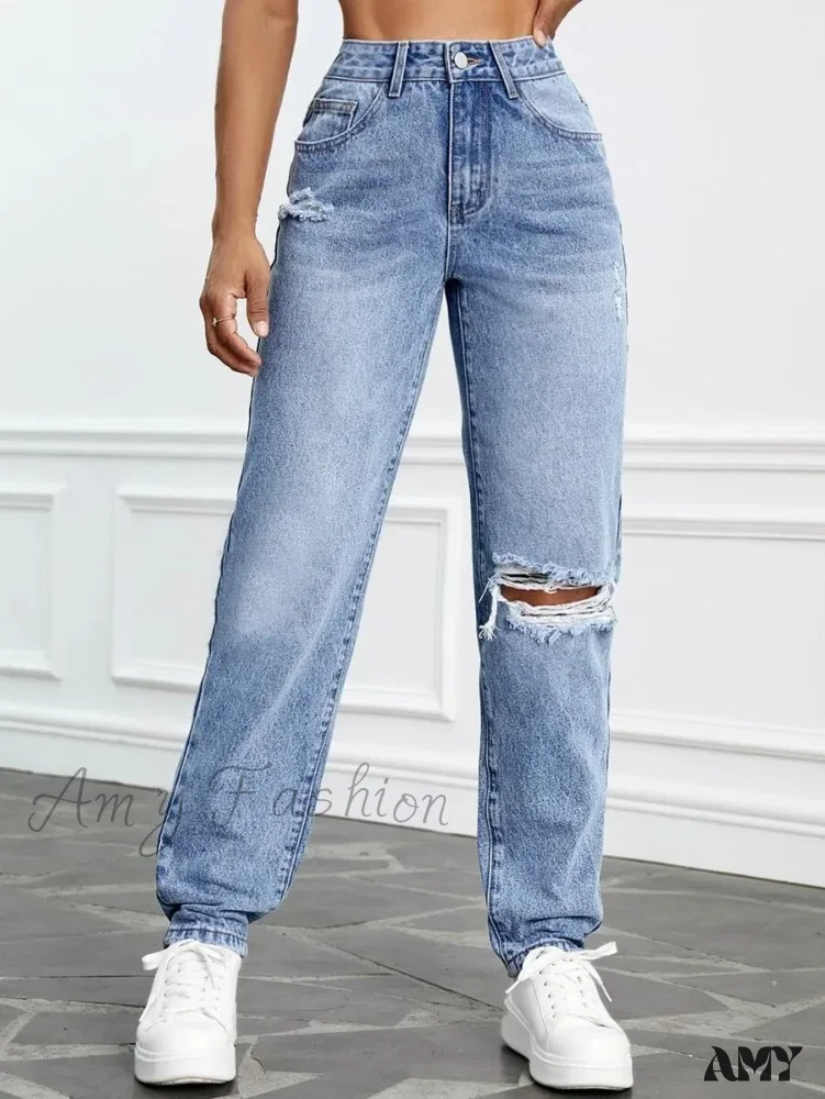Amy Fashion - 2024 Women Casual Fashion High Streetwear Ripped Holes Denim Pants Female Vintage Trousers Jean - Image 4