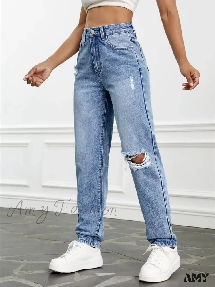 Amy Fashion - 2024 Women Casual Fashion High Streetwear Ripped Holes Denim Pants Female Vintage Trousers Jean - Image 5