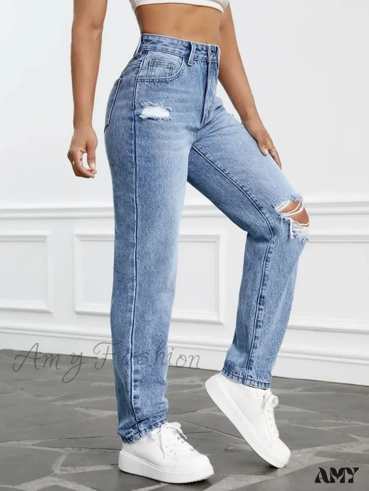 Amy Fashion - 2024 Women Casual Fashion High Streetwear Ripped Holes Denim Pants Female Vintage Trousers Jean - Image 7
