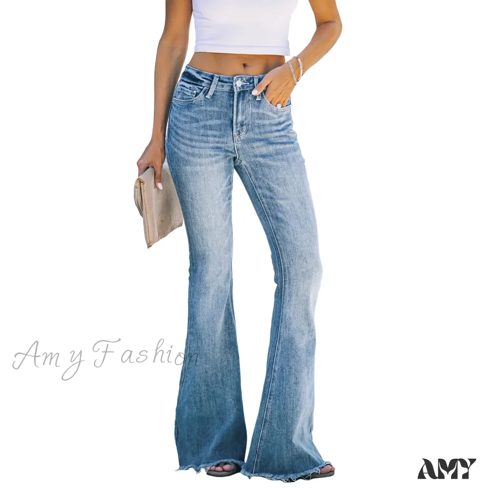 Amy Fashion - Elastic Flare Women Casual High Waist Slim Fit Denim Vintage Washed Pocket Women's Fashion Flared Jean - Image 3