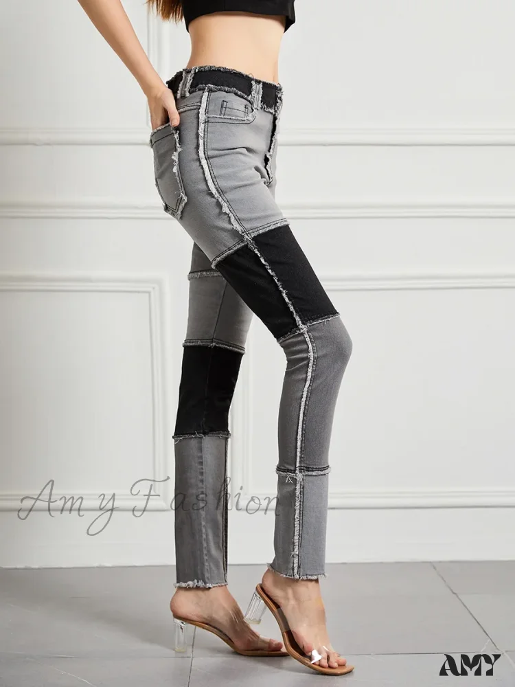 Amy Fashion - Elastic Patchwork Tassel Slim Fit Street Denim Jean - Image 2