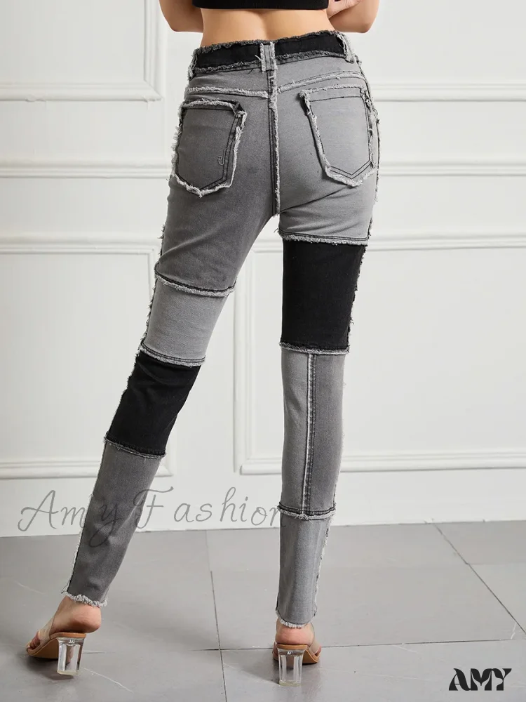 Amy Fashion - Elastic Patchwork Tassel Slim Fit Street Denim Jean - Image 3