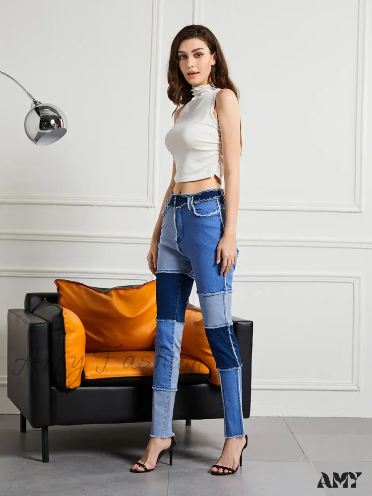 Amy Fashion - Elastic Patchwork Tassel Slim Fit Street Denim Jean - Image 4
