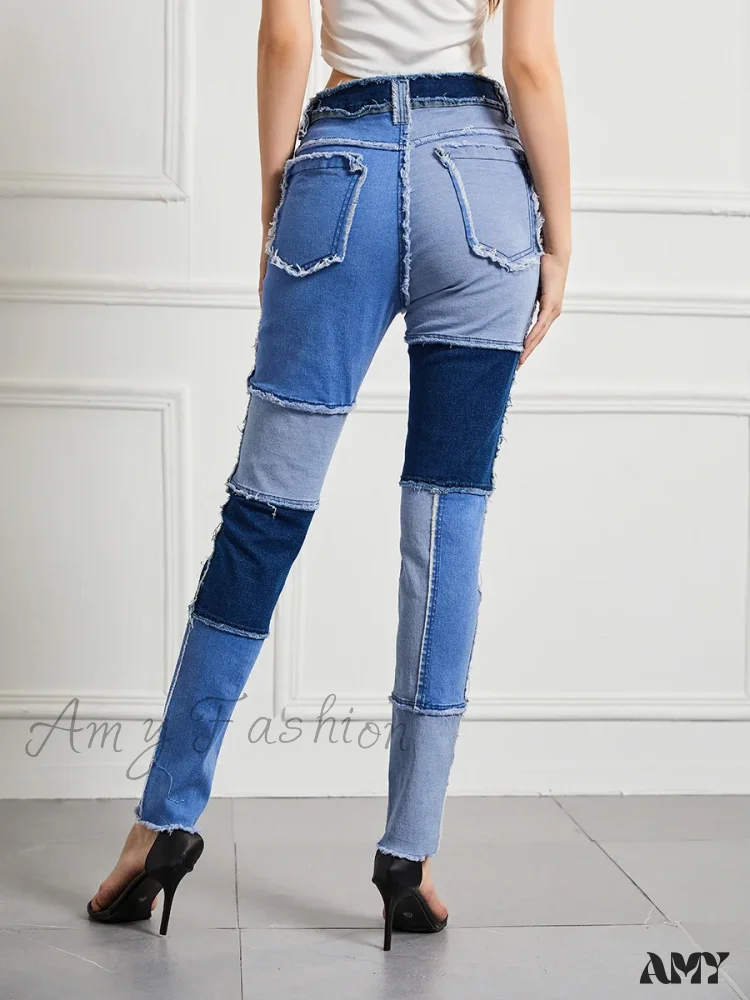 Amy Fashion - Elastic Patchwork Tassel Slim Fit Street Denim Jean - Image 5