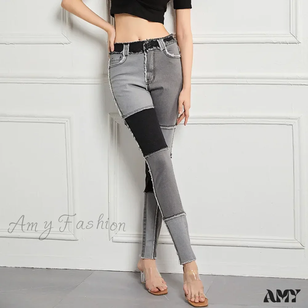Amy Fashion - Elastic Patchwork Tassel Slim Fit Street Denim Jean - Image 6