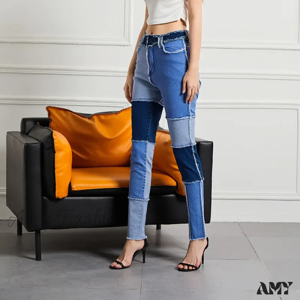 Amy Fashion - Elastic Patchwork Tassel Slim Fit Street Denim Jean - Image 7