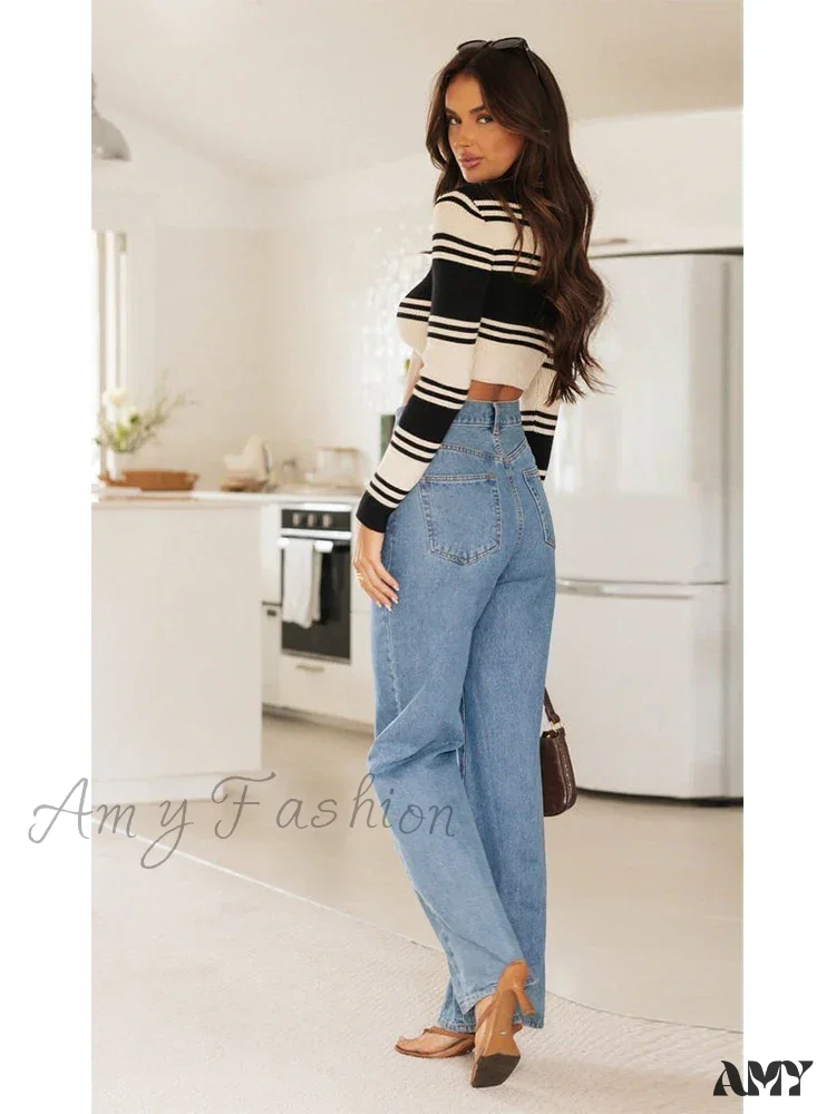 Amy Fashion - European and American Women's Washed Fashion Long Basic Straight-leg Pants All-match for All Seasons Jean - Image 4