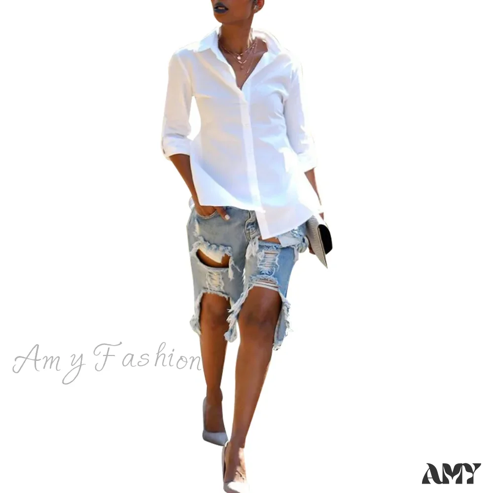 Amy Fashion - Fashion Holes Ripped Straight Denim Shorts Summer Streetwear Knee Length Women Shorts High Waist Casual Jean - Image 2