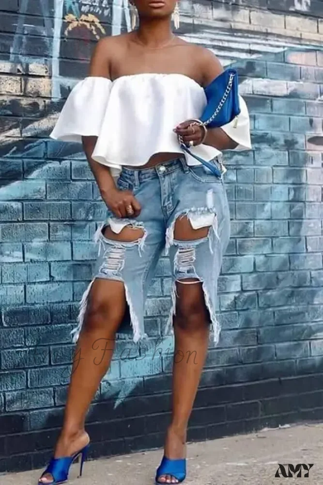 Amy Fashion - Fashion Holes Ripped Straight Denim Shorts Summer Streetwear Knee Length Women Shorts High Waist Casual Jean - Image 3