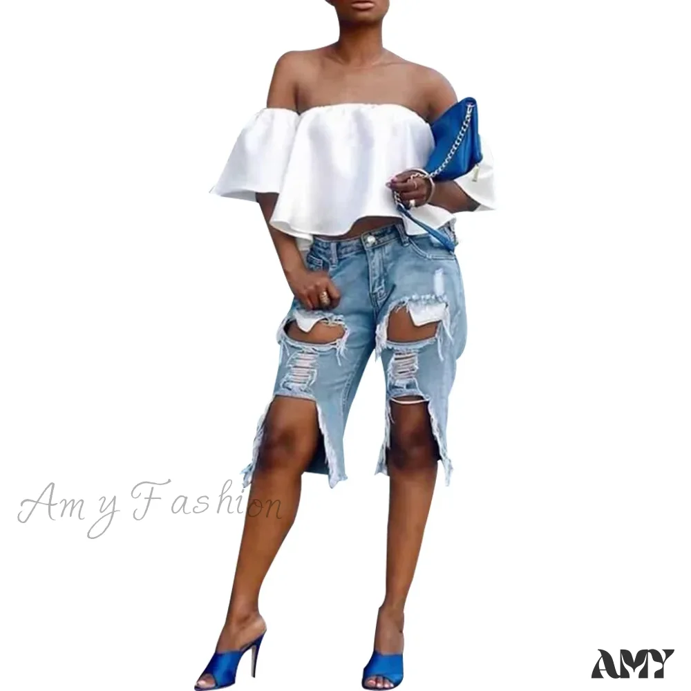Amy Fashion - Fashion Holes Ripped Straight Denim Shorts Summer Streetwear Knee Length Women Shorts High Waist Casual Jean - Image 4
