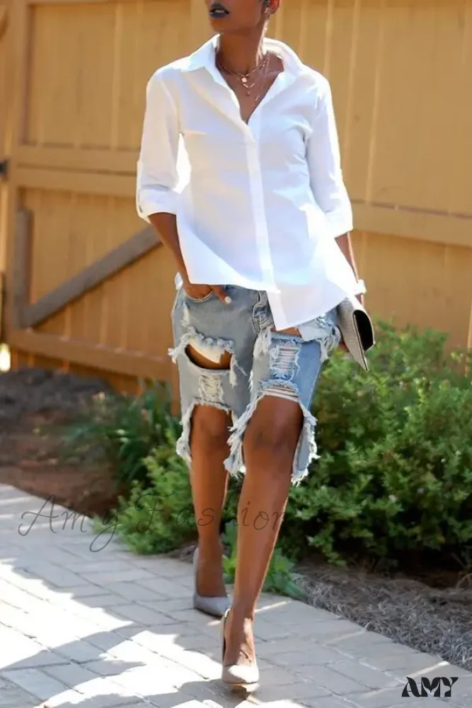 Amy Fashion - Fashion Holes Ripped Straight Denim Shorts Summer Streetwear Knee Length Women Shorts High Waist Casual Jean - Image 5