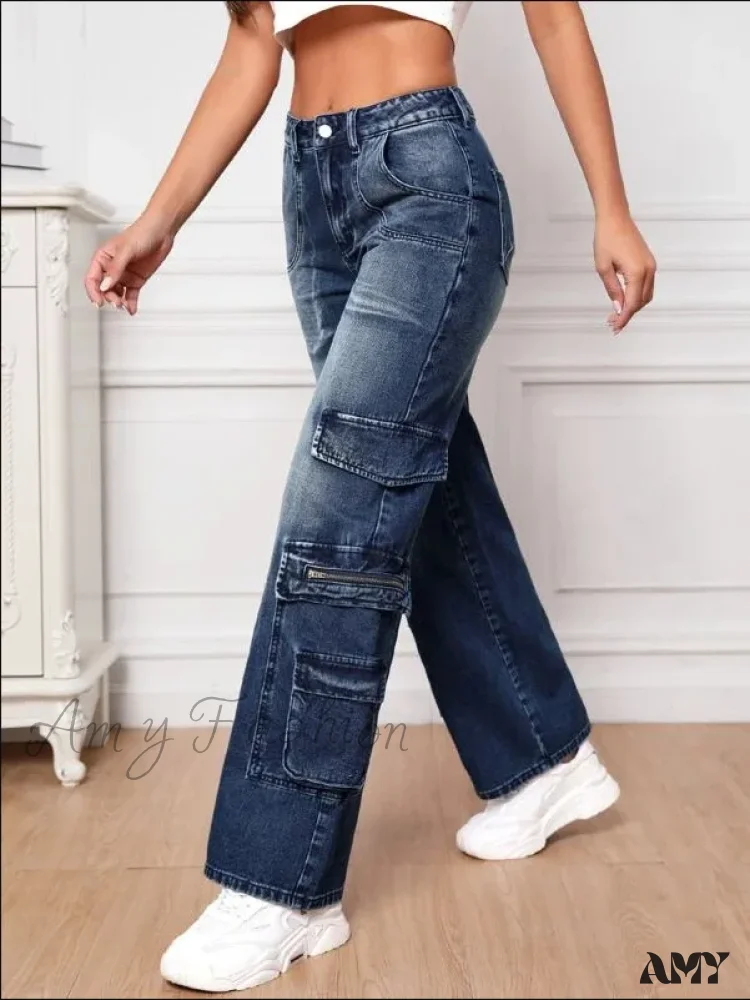 Amy Fashion - Fashion Multi Pocket Women's High Waist Y2K Loose Cargo Denim Wide Leg Casual Clothing 2024 Fall New S-2XL Jean - Image 2