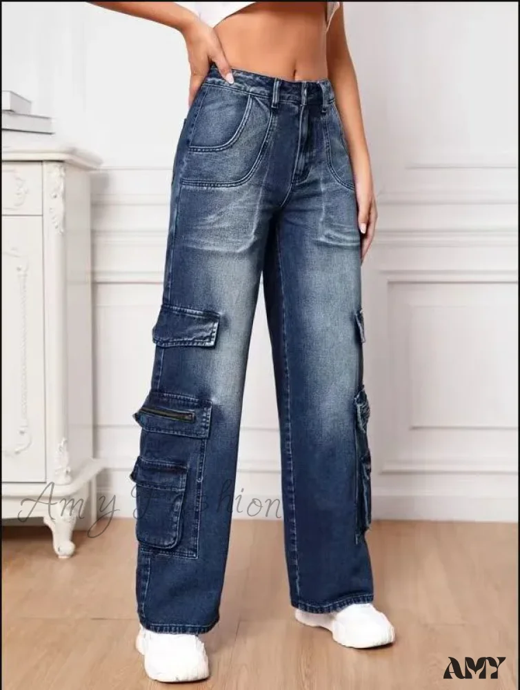 Amy Fashion - Fashion Multi Pocket Women's High Waist Y2K Loose Cargo Denim Wide Leg Casual Clothing 2024 Fall New S-2XL Jean - Image 3