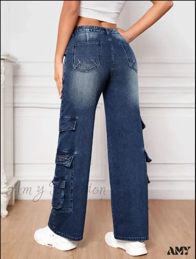 Amy Fashion - Fashion Multi Pocket Women's High Waist Y2K Loose Cargo Denim Wide Leg Casual Clothing 2024 Fall New S-2XL Jean - Image 4
