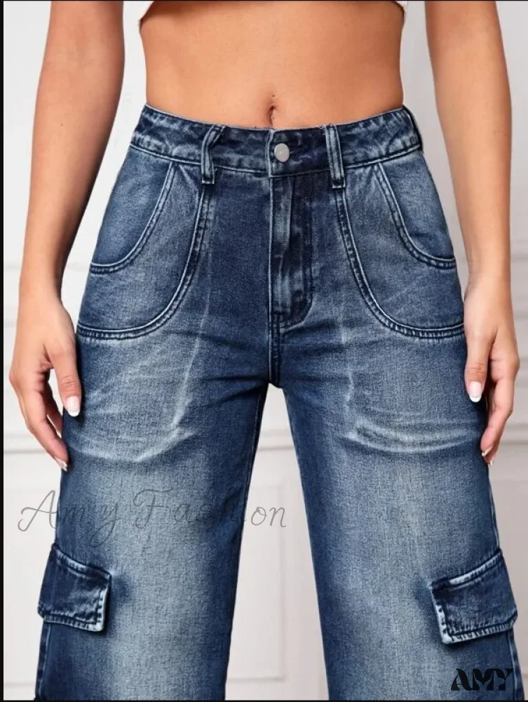 Amy Fashion - Fashion Multi Pocket Women's High Waist Y2K Loose Cargo Denim Wide Leg Casual Clothing 2024 Fall New S-2XL Jean - Image 5