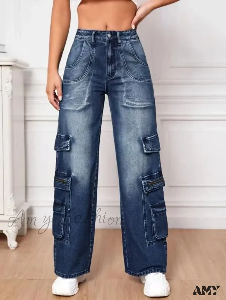 Amy Fashion - Fashion Multi Pocket Women's High Waist Y2K Loose Cargo Denim Wide Leg Casual Clothing 2024 Fall New S-2XL Jean - Image 6