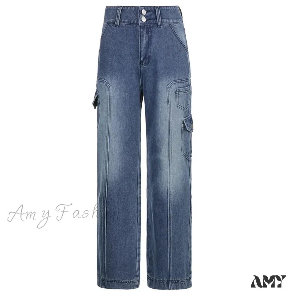 Amy Fashion - Fashion Streetwear Women Denim Trouser Loose Cargo Korean Autumn Winter Pockets Patchwork Baggy Jean - Image 2