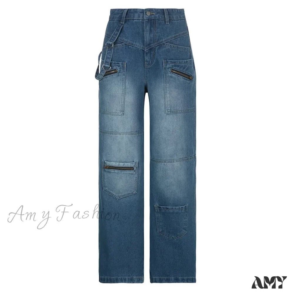 Amy Fashion - Fashion Streetwear Women Denim Trouser Loose Cargo Korean Autumn Winter Pockets Patchwork Baggy Jean - Image 3