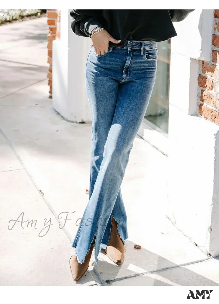 Amy Fashion - High Elastic Flare Casual Slim Vintage Washed Denim Jean - Image 2