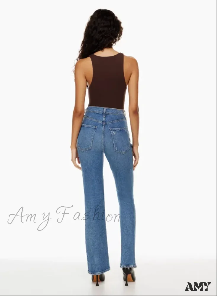 Amy Fashion - High Waist Loose Ripped Holes Streetwear Straight Ladies Denim Jean - Image 2