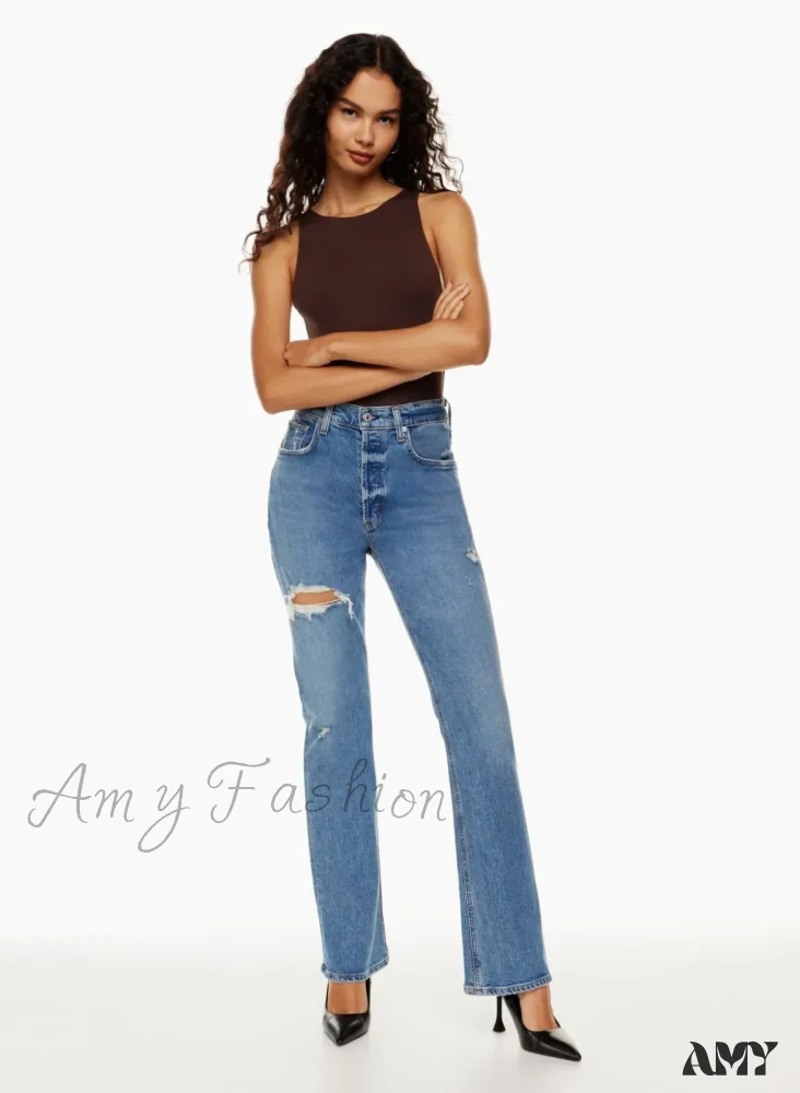 Amy Fashion - High Waist Loose Ripped Holes Streetwear Straight Ladies Denim Jean - Image 3