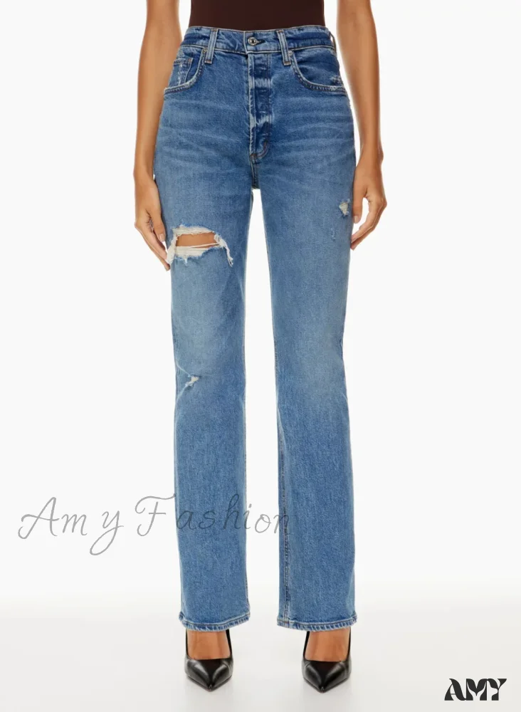 Amy Fashion - High Waist Loose Ripped Holes Streetwear Straight Ladies Denim Jean - Image 5