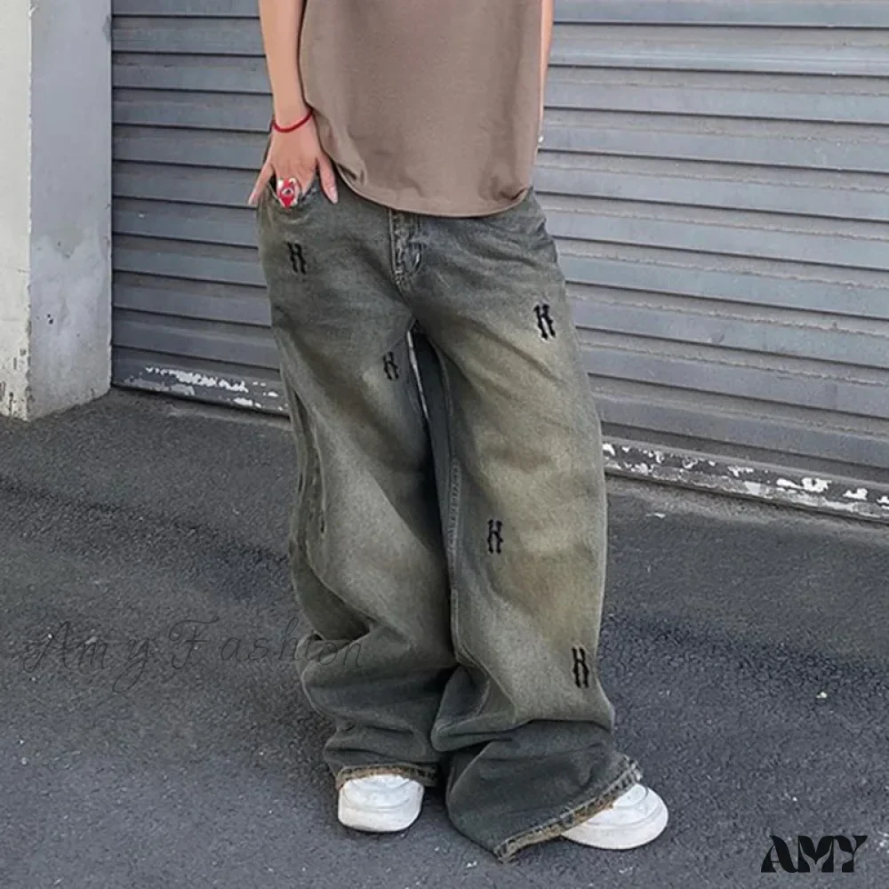 Amy Fashion - Letter Straight Wide Leg Denim Low Waist Vintage 2024 Oversized Hip Hop Harajuku Cargo Jean - Image 3