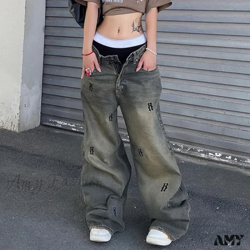 Amy Fashion - Letter Straight Wide Leg Denim Low Waist Vintage 2024 Oversized Hip Hop Harajuku Cargo Jean - Image 4