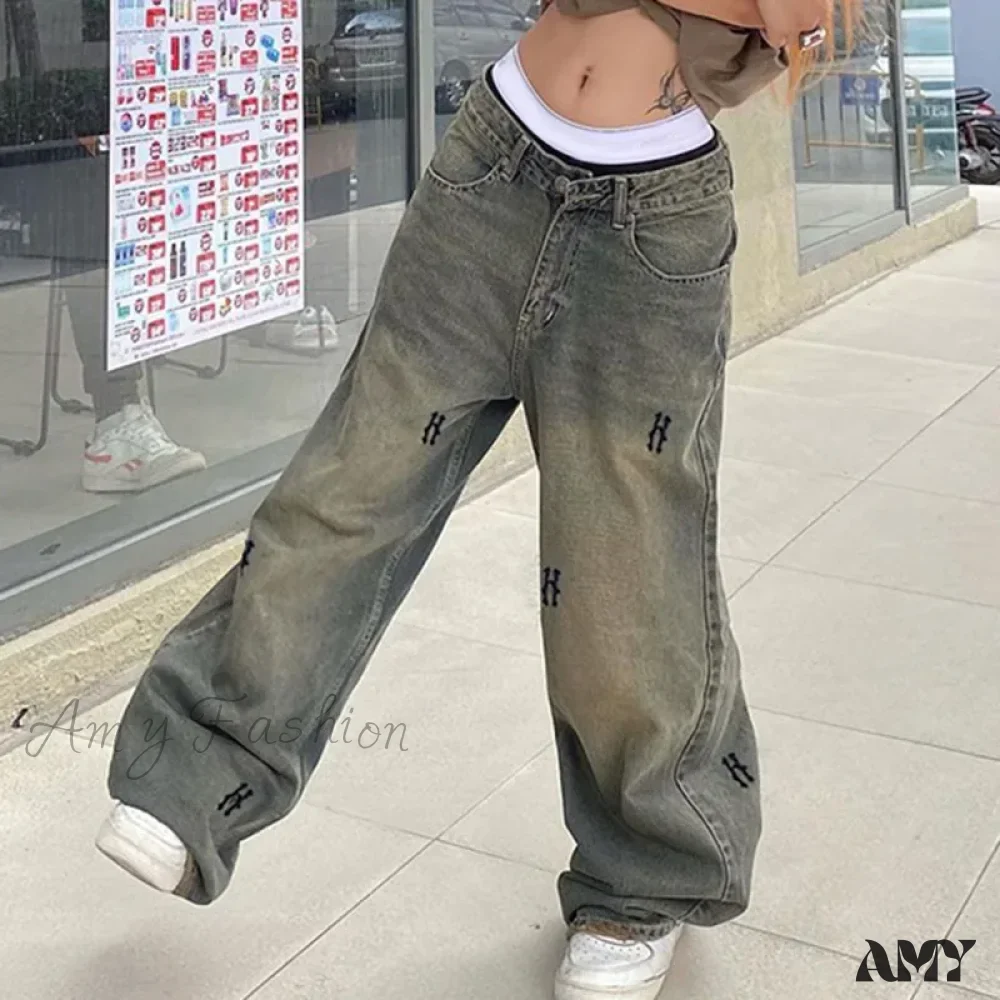 Amy Fashion - Letter Straight Wide Leg Denim Low Waist Vintage 2024 Oversized Hip Hop Harajuku Cargo Jean - Image 5