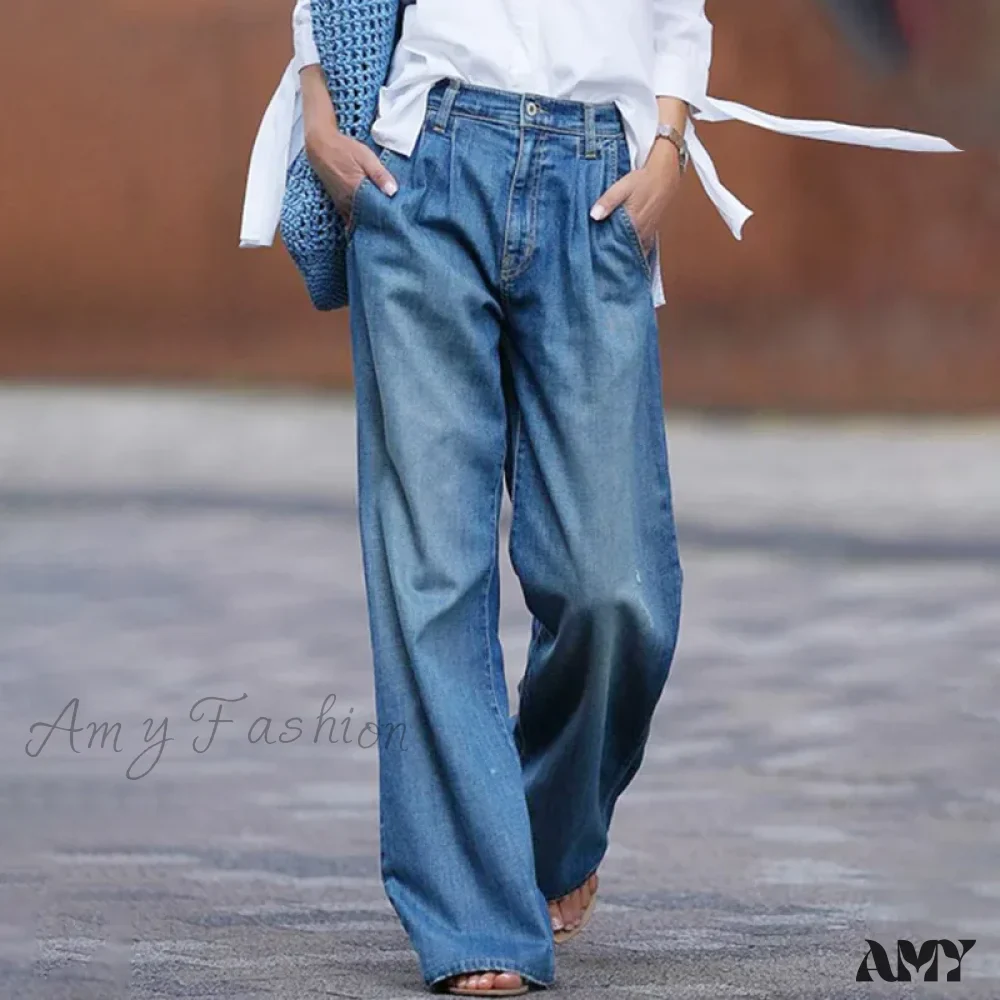 Amy Fashion - Loose Straight Women Blue Streetwear Holiday Ladies Denim With Pocket Jean - Image 2