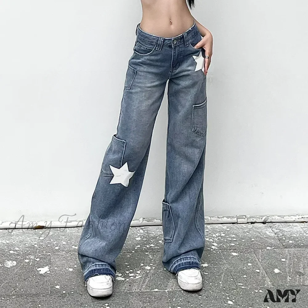 Amy Fashion - Low Rise Flared Retro Star Print Pockets Distressed Burr Y2K Streetwear Denim Jean - Image 2