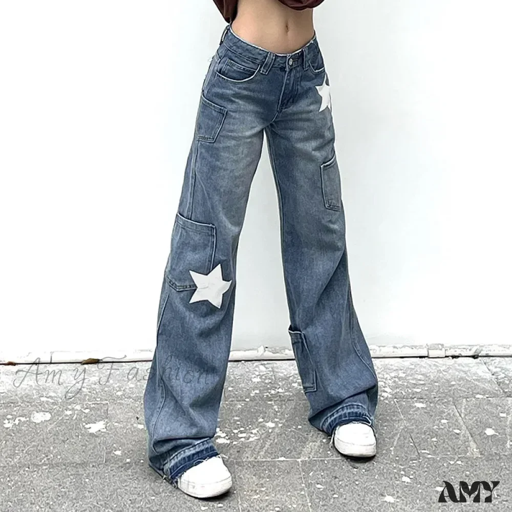 Amy Fashion - Low Rise Flared Retro Star Print Pockets Distressed Burr Y2K Streetwear Denim Jean - Image 3