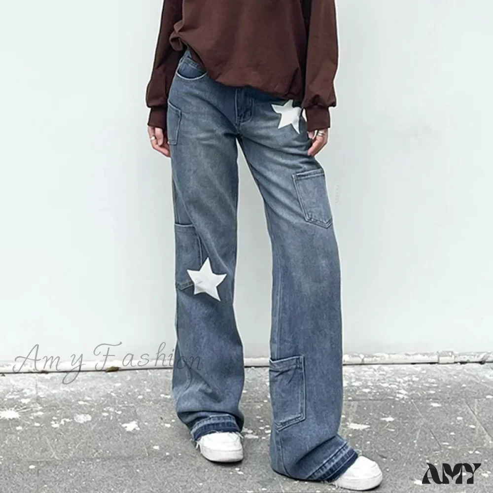 Amy Fashion - Low Rise Flared Retro Star Print Pockets Distressed Burr Y2K Streetwear Denim Jean - Image 4