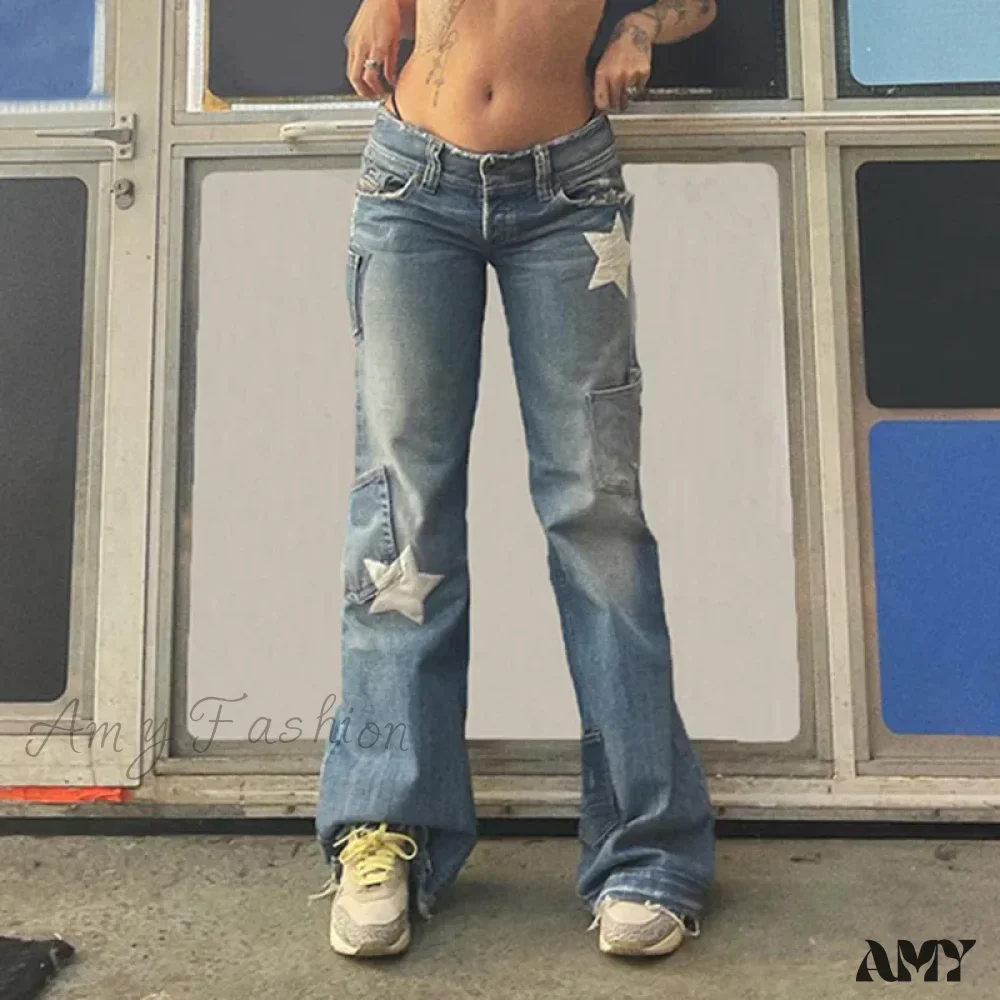 Amy Fashion - Low Rise Flared Retro Star Print Pockets Distressed Burr Y2K Streetwear Denim Jean - Image 5