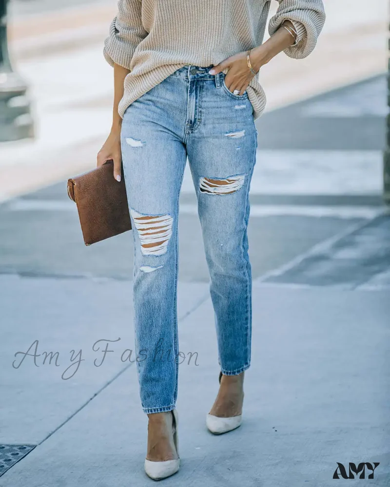Amy Fashion - New Washed Ripped Fashion High Waist Mom Fit Casual Cotton Denim Jean - Image 2