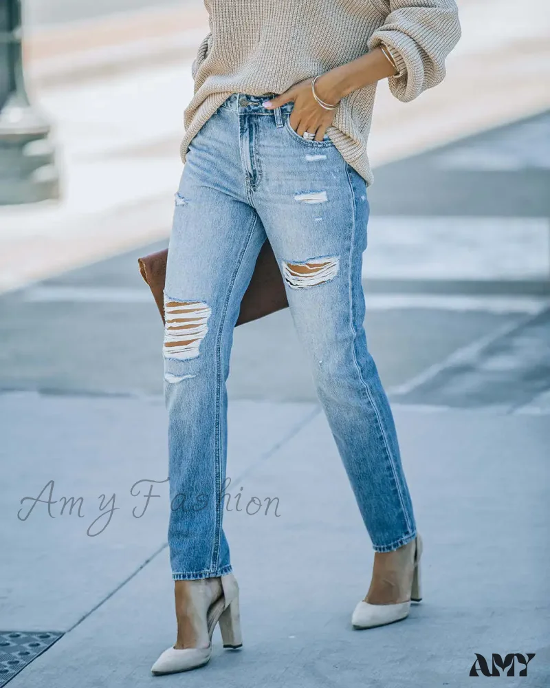 Amy Fashion - New Washed Ripped Fashion High Waist Mom Fit Casual Cotton Denim Jean - Image 3