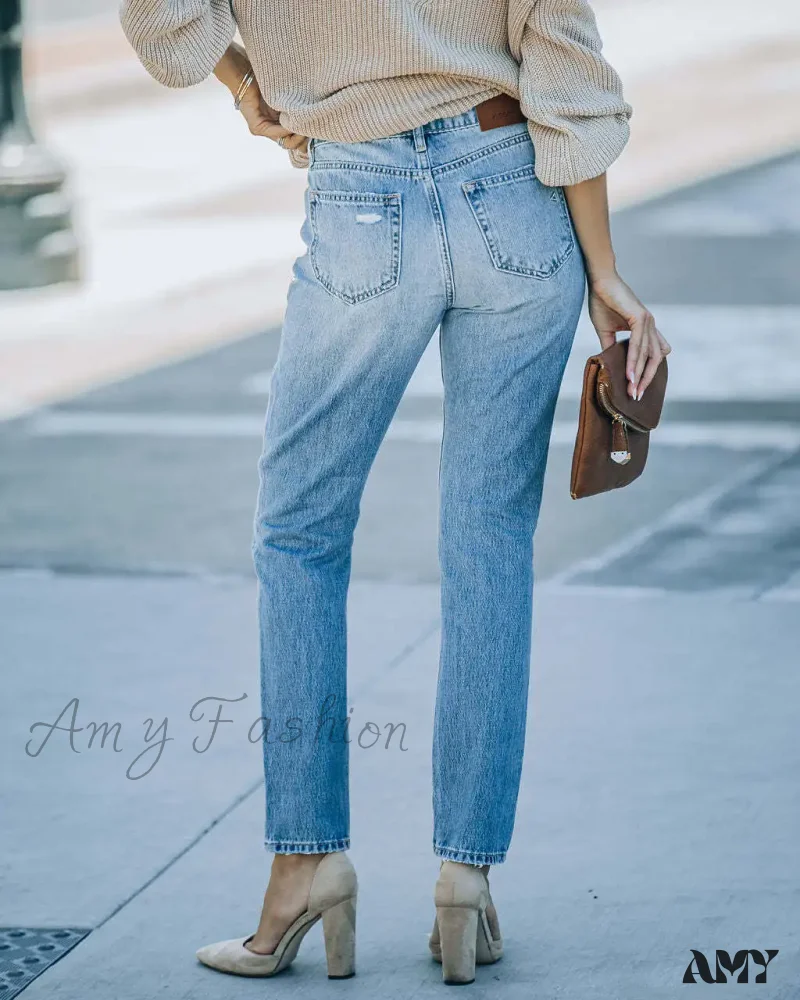 Amy Fashion - New Washed Ripped Fashion High Waist Mom Fit Casual Cotton Denim Jean - Image 4