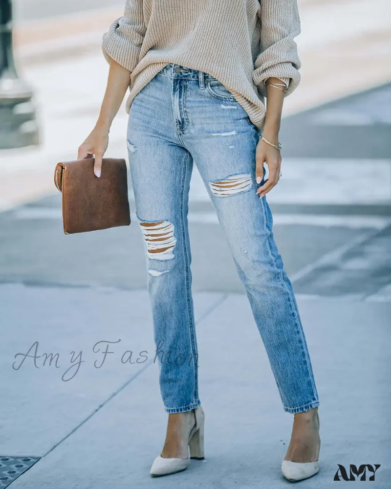 Amy Fashion - New Washed Ripped Fashion High Waist Mom Fit Casual Cotton Denim Jean - Image 5