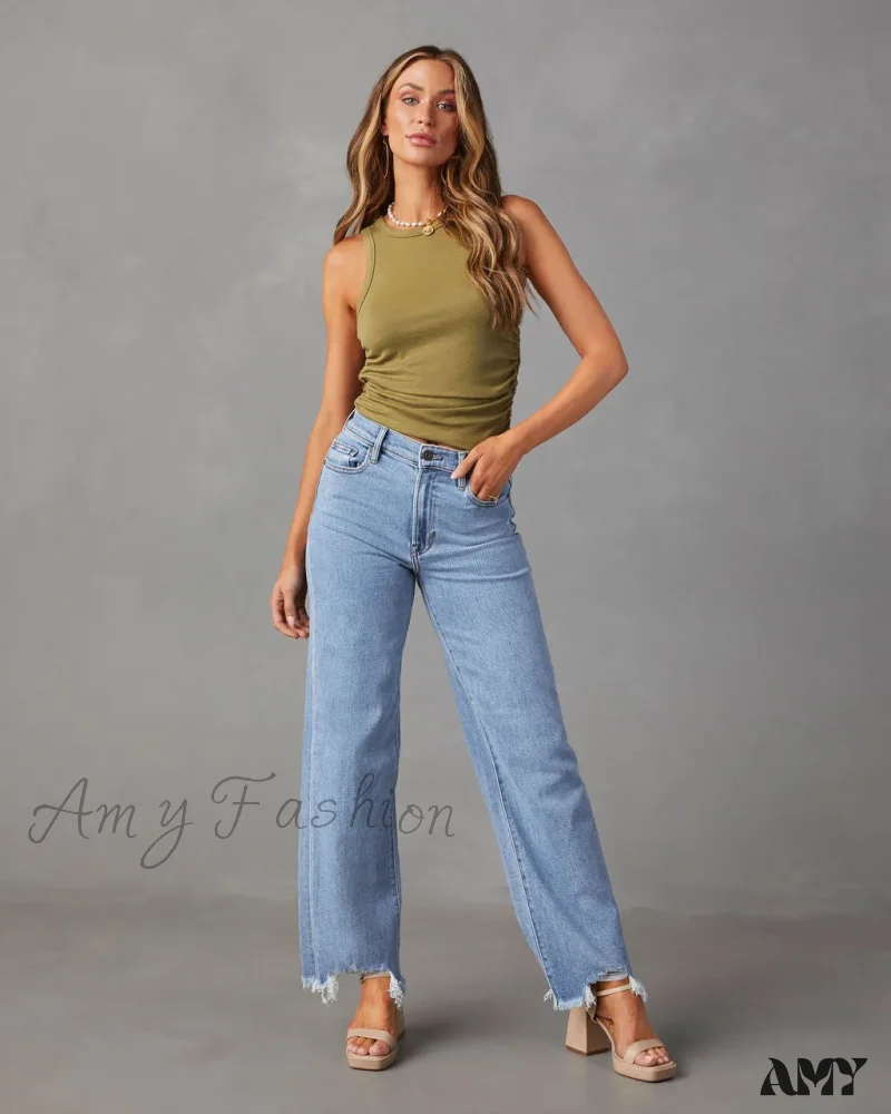 Amy Fashion - New Women's Women Simple Casual High Waist Wide-leg Trousers Irregular Tassels Women Streetwear All-match Female Pant Jean - Image 2