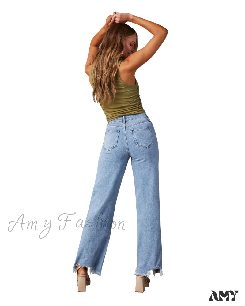 Amy Fashion - New Women's Women Simple Casual High Waist Wide-leg Trousers Irregular Tassels Women Streetwear All-match Female Pant Jean - Image 3