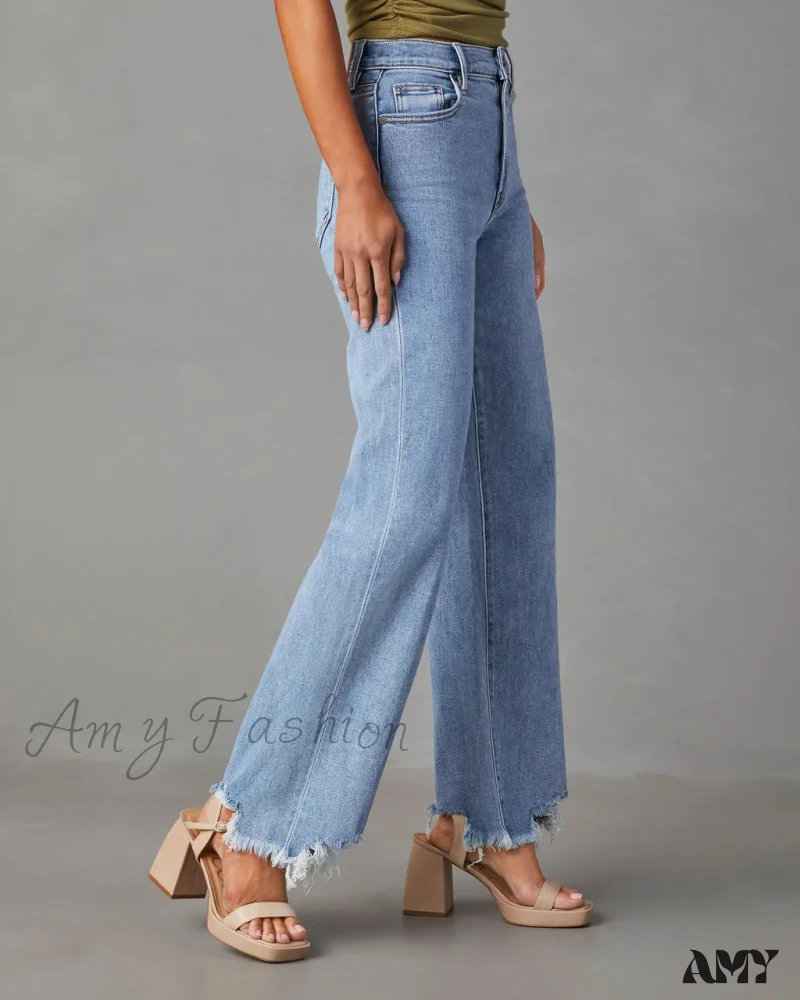 Amy Fashion - New Women's Women Simple Casual High Waist Wide-leg Trousers Irregular Tassels Women Streetwear All-match Female Pant Jean - Image 4