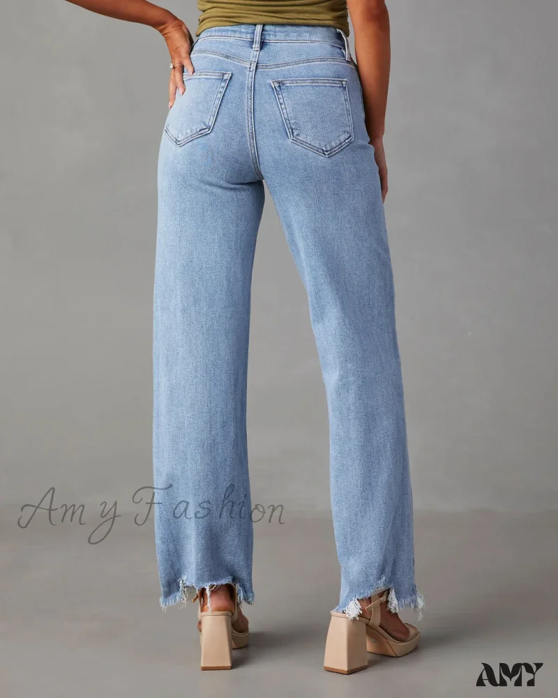 Amy Fashion - New Women's Women Simple Casual High Waist Wide-leg Trousers Irregular Tassels Women Streetwear All-match Female Pant Jean - Image 5