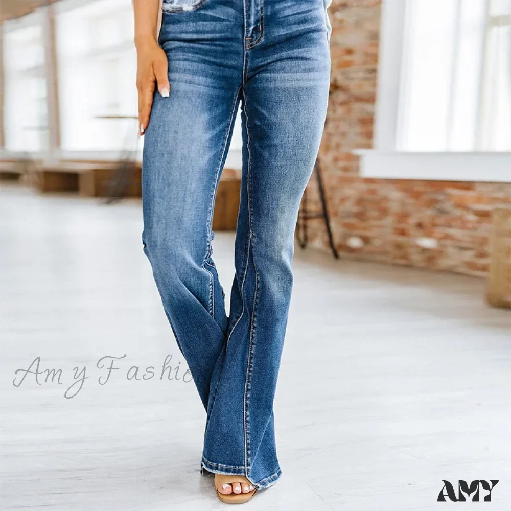 Amy Fashion - Patchwork Flared Vintage High Stretch Casual High Denim Jean - Image 2
