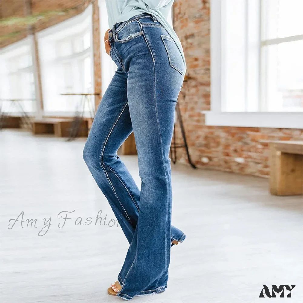 Amy Fashion - Patchwork Flared Vintage High Stretch Casual High Denim Jean - Image 3
