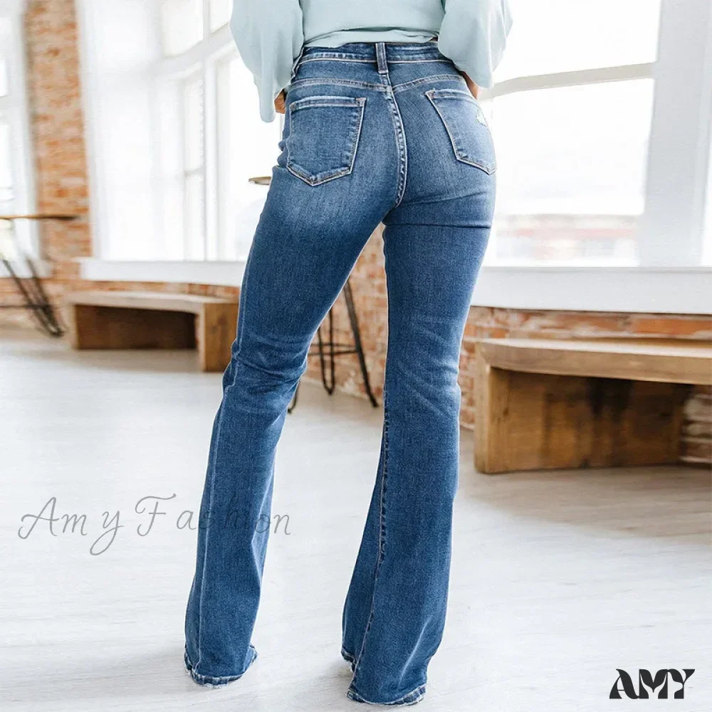 Amy Fashion - Patchwork Flared Vintage High Stretch Casual High Denim Jean - Image 4