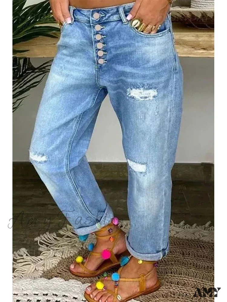 Amy Fashion - Retro Low-Waist Light Blue Y2K Loose Street Denim Jean - Image 2