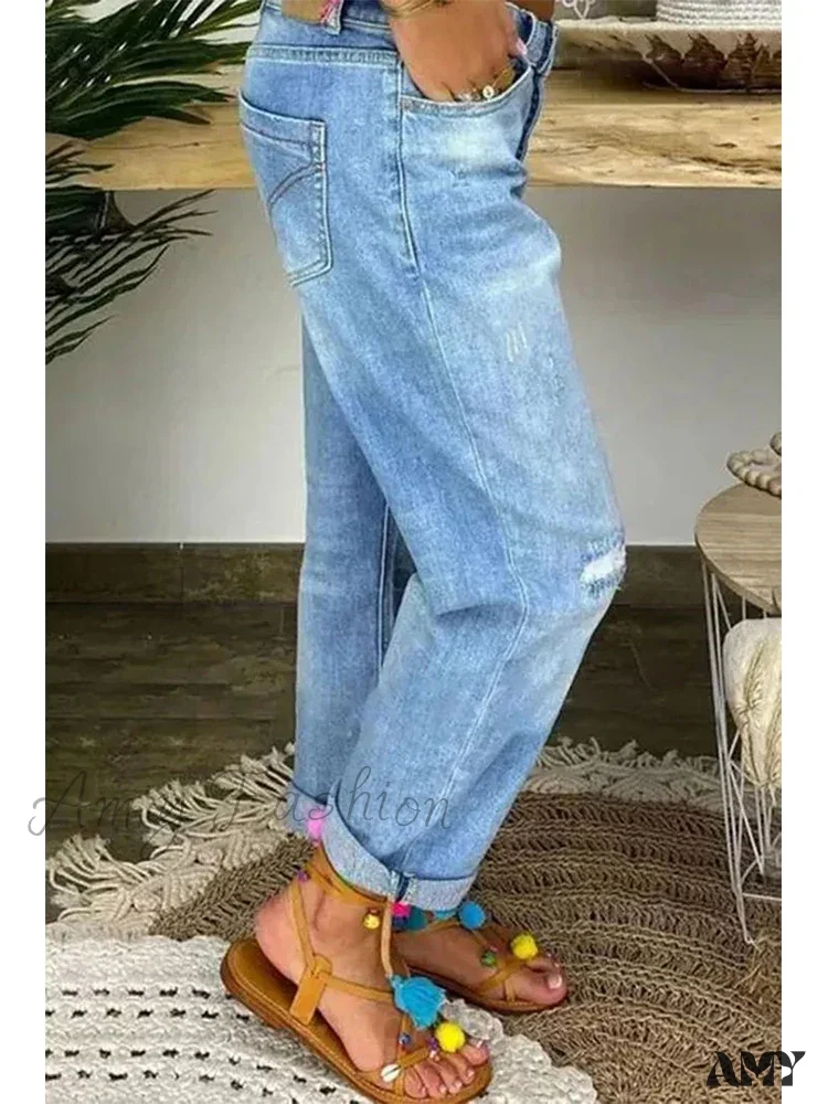 Amy Fashion - Retro Low-Waist Light Blue Y2K Loose Street Denim Jean - Image 3