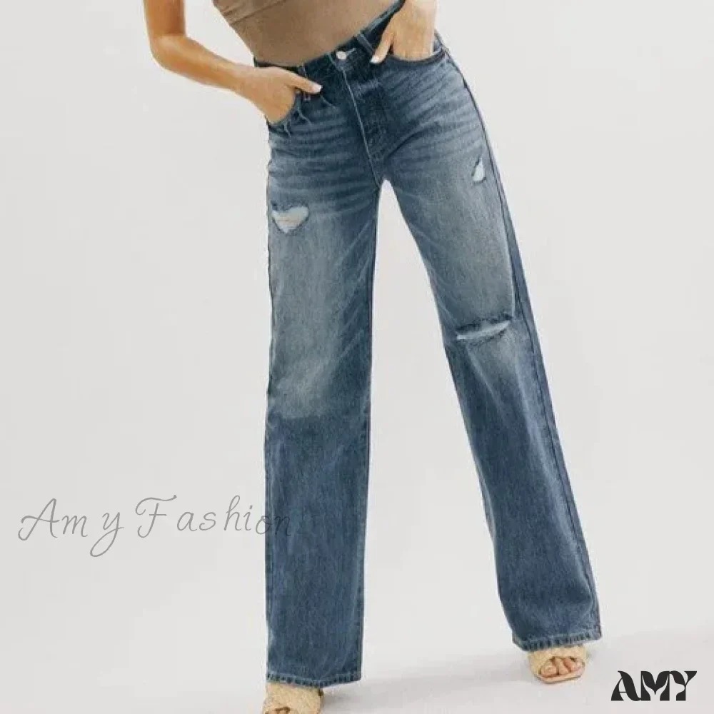 Amy Fashion - Ripped Washed High New Simple Street Loose Straight-leg Denim Jean - Image 2