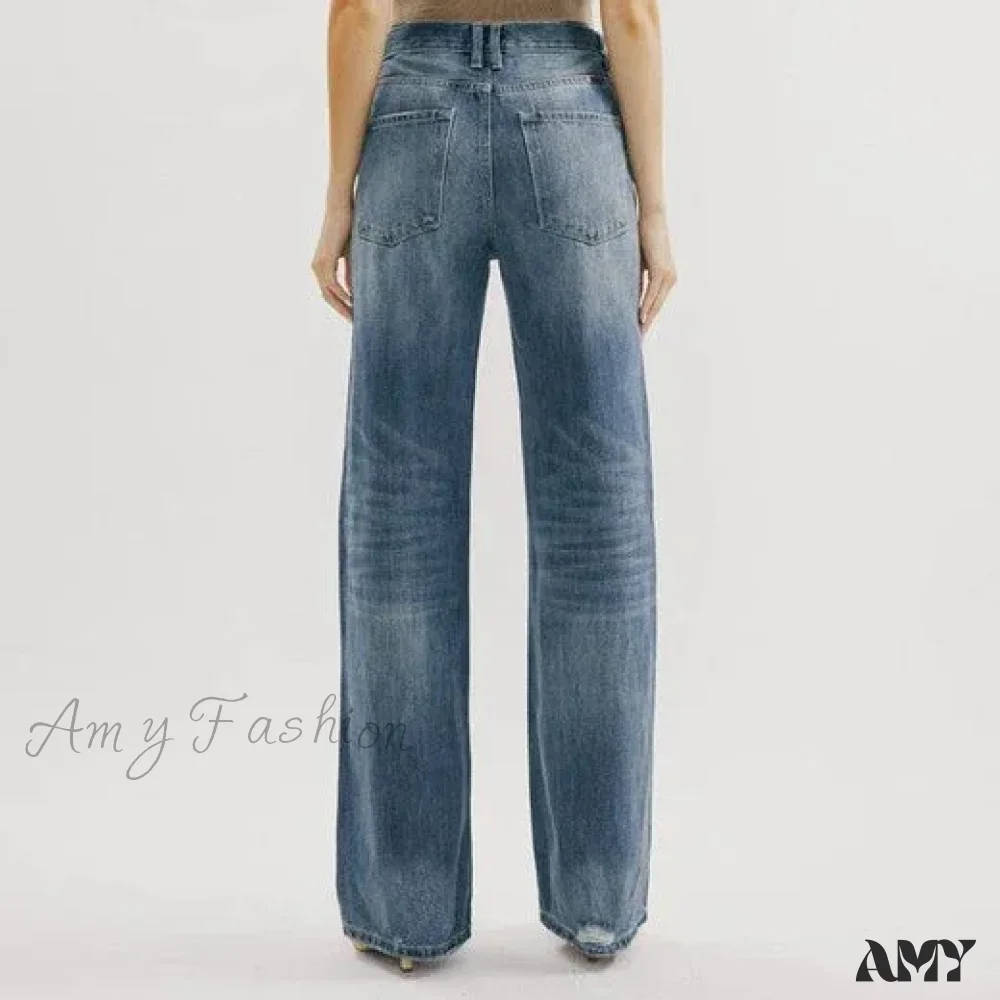 Amy Fashion - Ripped Washed High New Simple Street Loose Straight-leg Denim Jean - Image 3